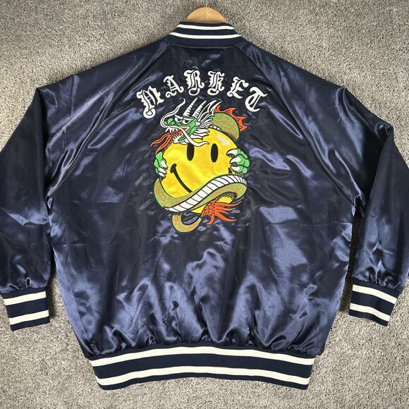 Market Studios X Smiley Jacket Mens L Navy Blue Satin Snap Bomber Streetwear NYC - Picture 1 of 12